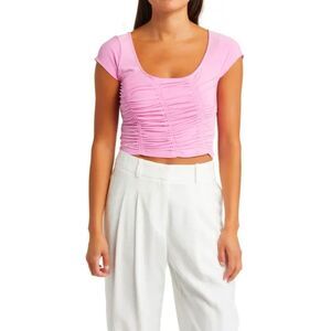 Open Edit Women's LNordstrom Pink Ruched Short Sleeve Crop Top Stretchy Festival